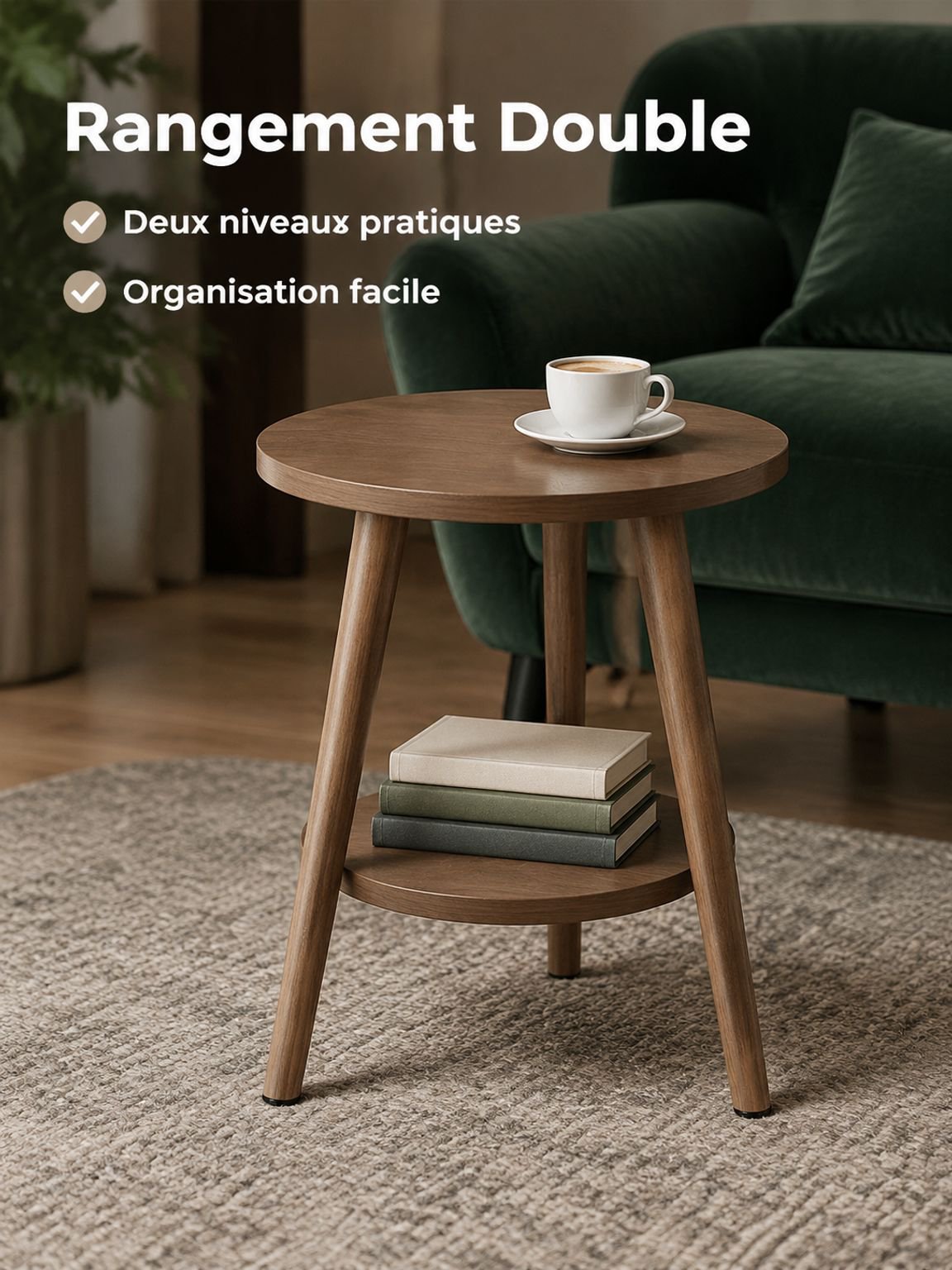 Table ronde compacte placée à côté d’un canapé