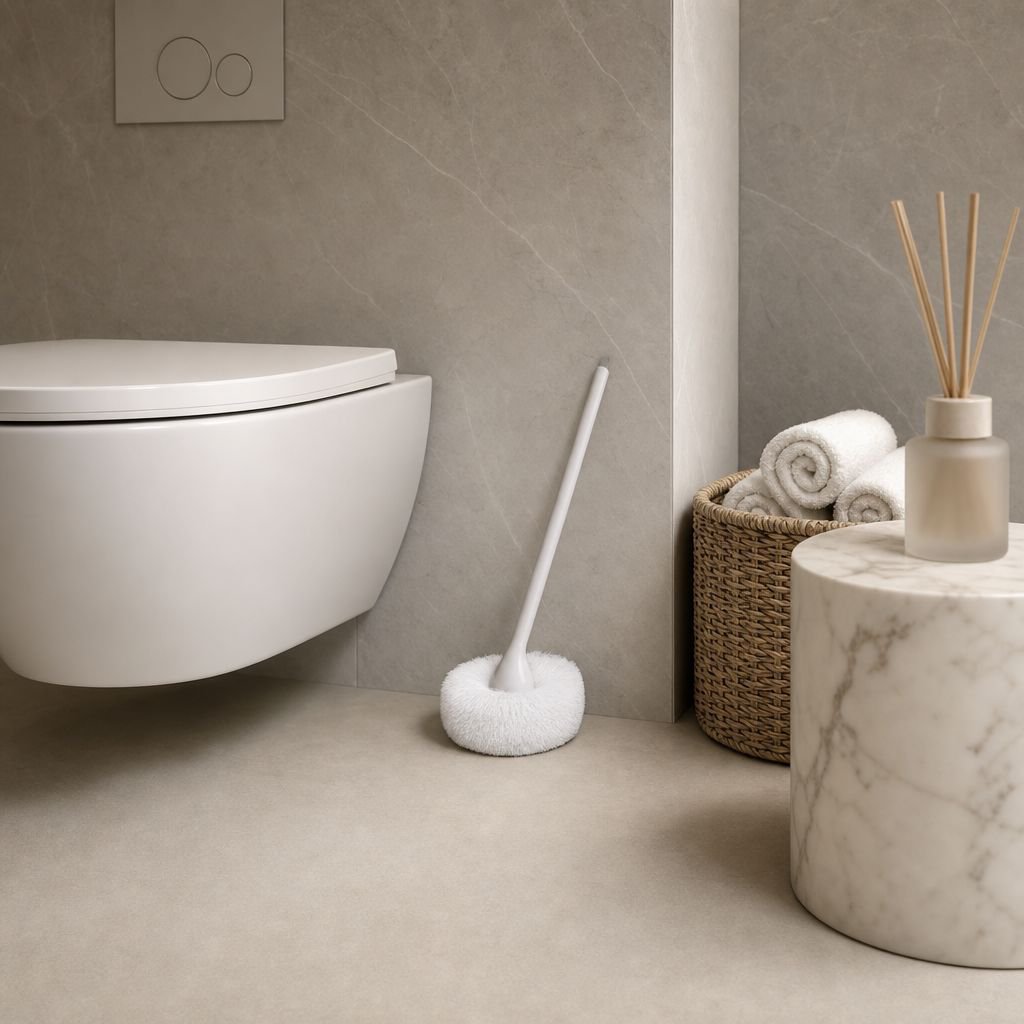 Modern bathroom with cloud-shaped cleaning brush accessory