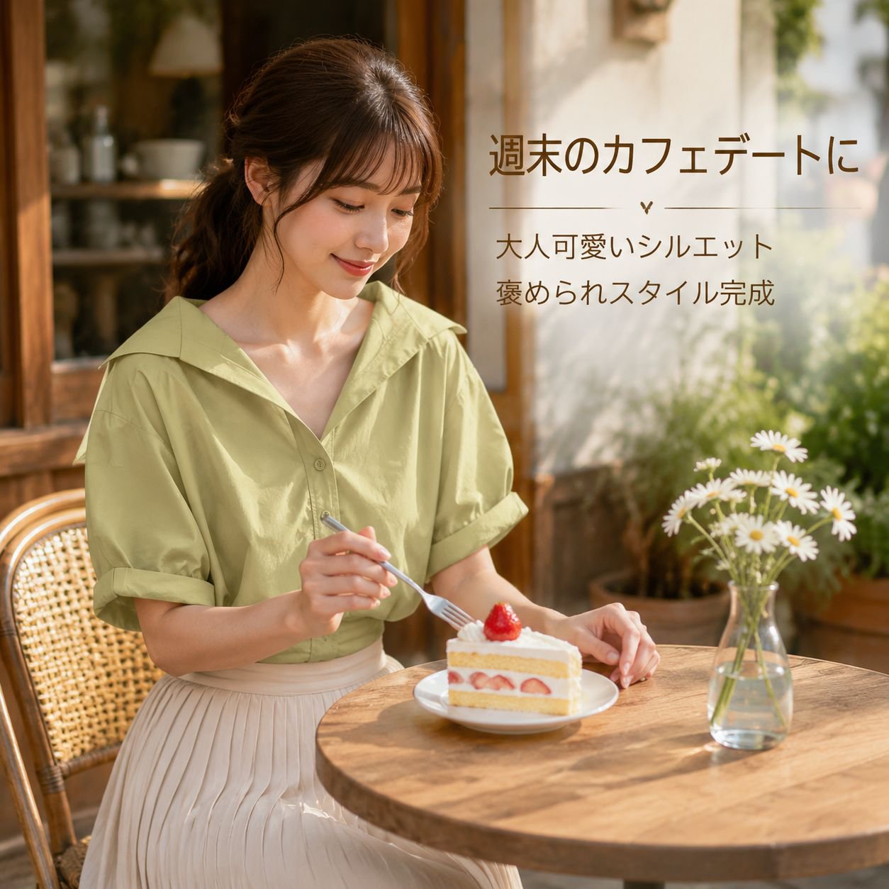 夏のドーパミン風グリーン半袖シャツ レディース 小柄向け可愛いショート丈シャツ