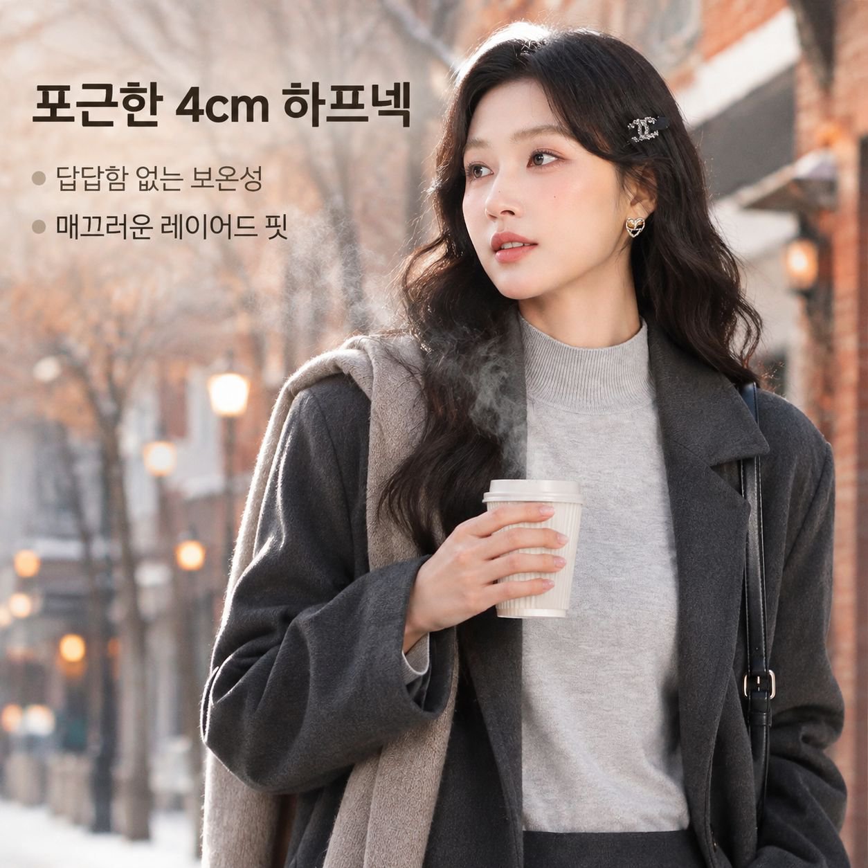 심플 프렌치 그레이 여성 반터틀넥 니트 이너