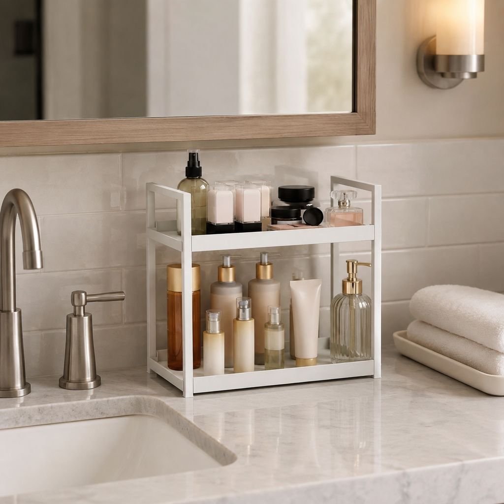 Space-saving vanity storage rack for beauty products