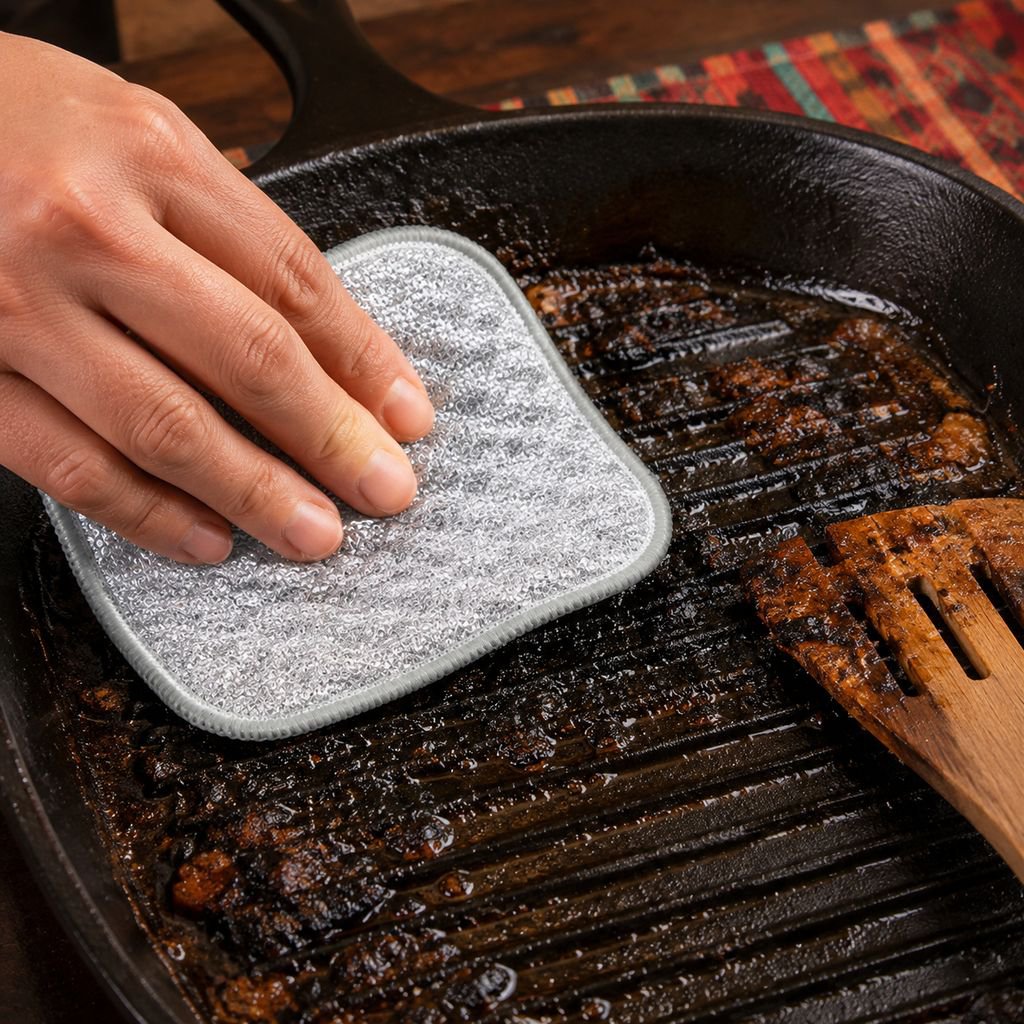 Trapo de cocina plateado destacando su resistencia y facilidad de limpieza