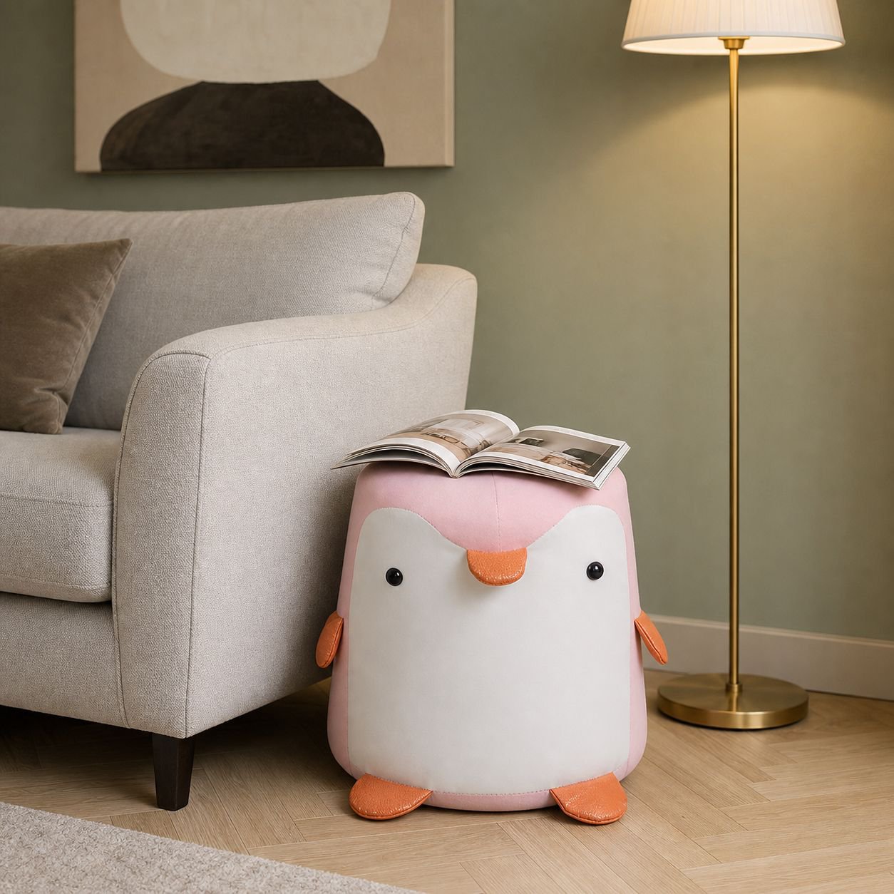 Handcrafted wooden penguin poop shaped stool