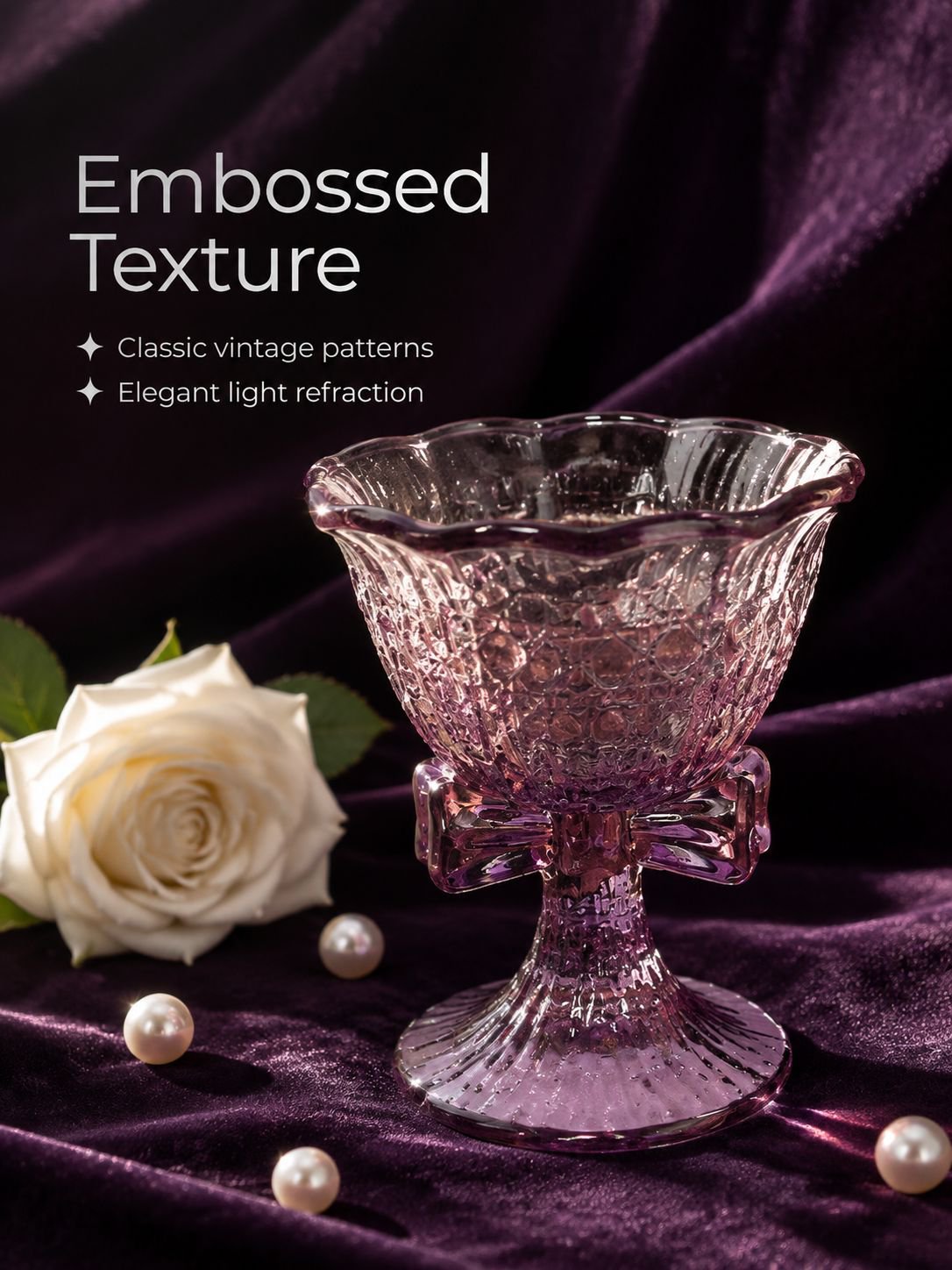 Decorative purple bow glass styled for a celebration table