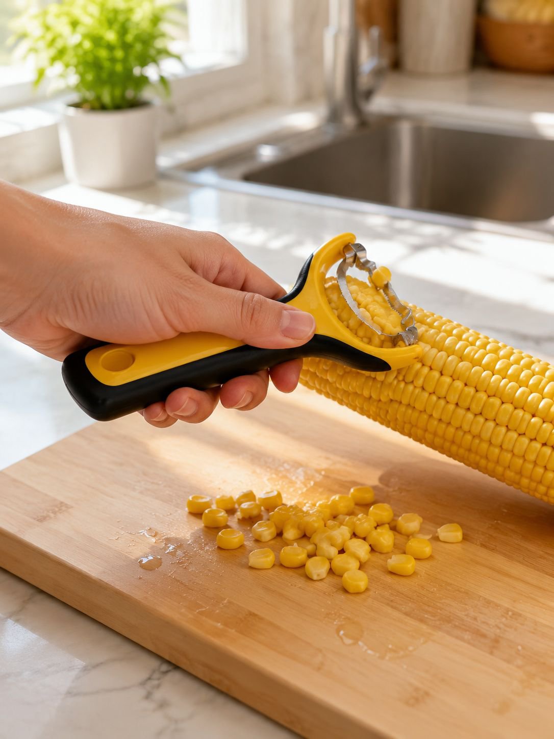 Durable corn kernel peeler on kitchen counter