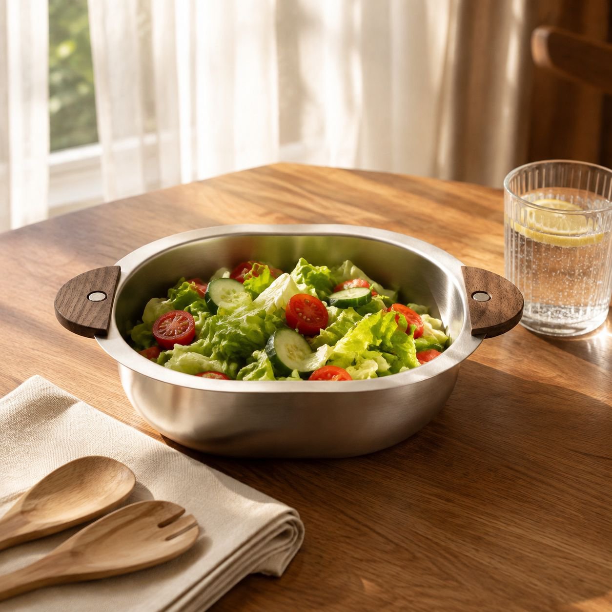 Salatschüssel aus Edelstahl mit Walnussholzgriffen