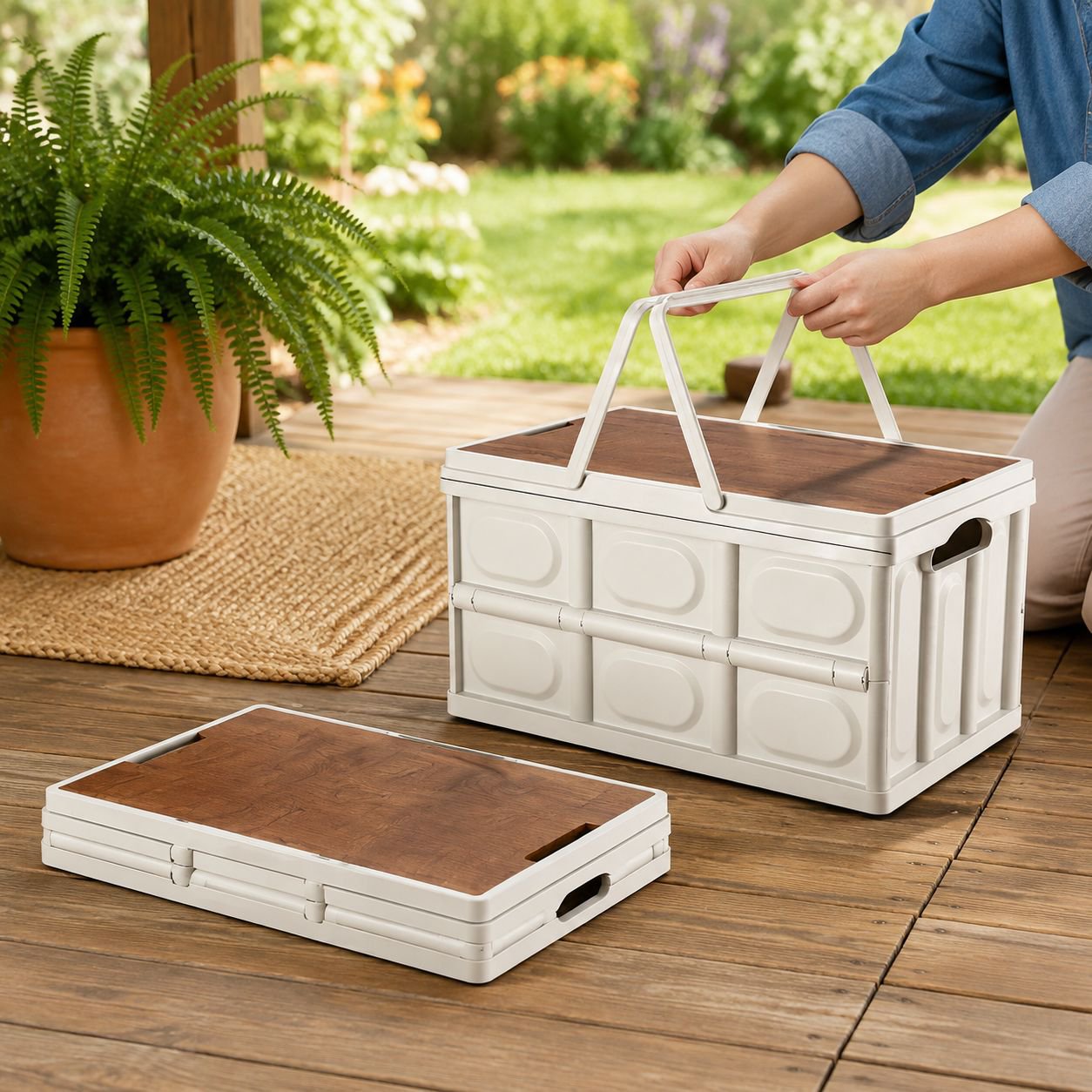 Portable Folding Storage Basket with Wooden Tabletop
