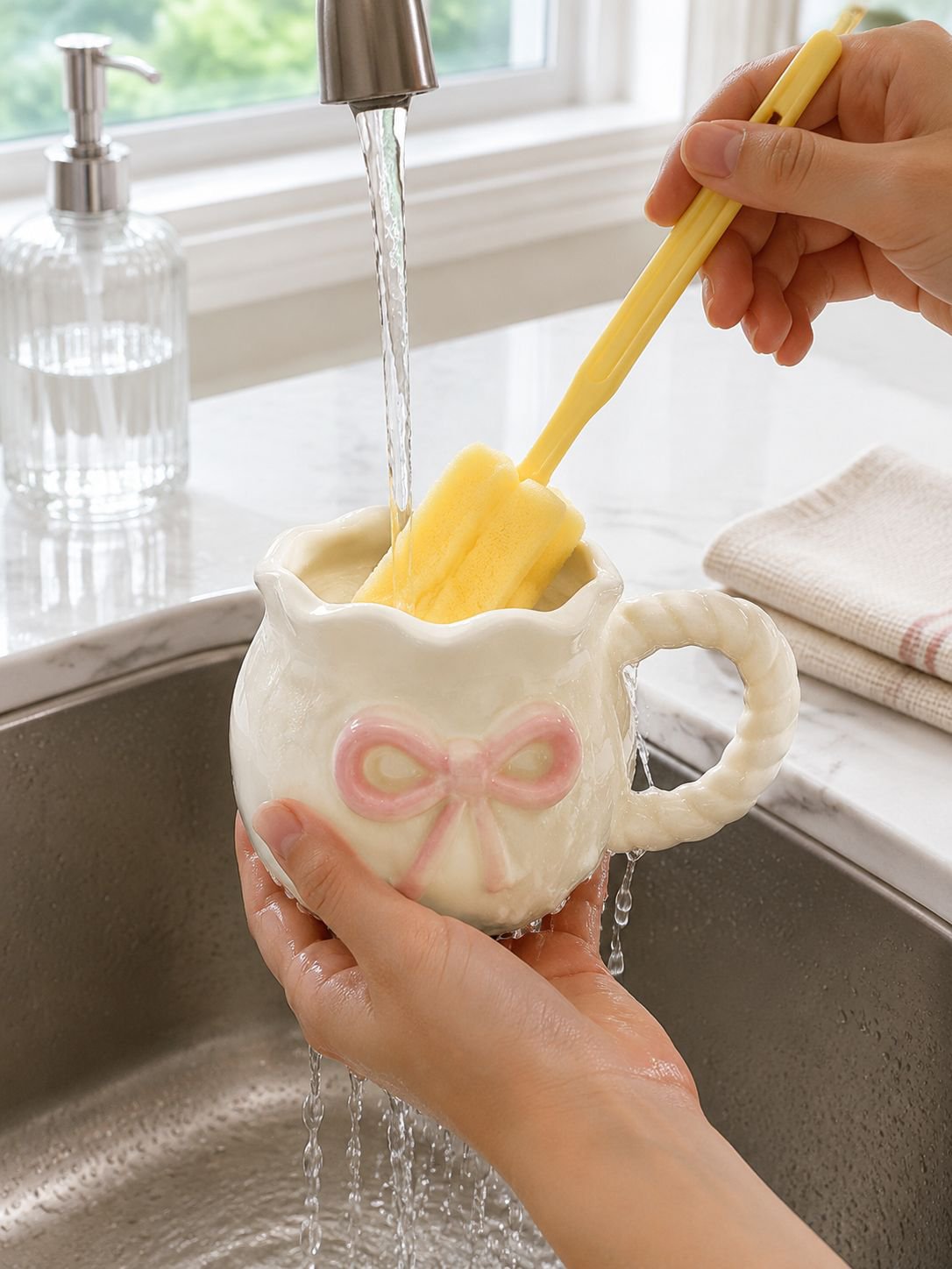 Artisan ceramic mug with unique bow handle