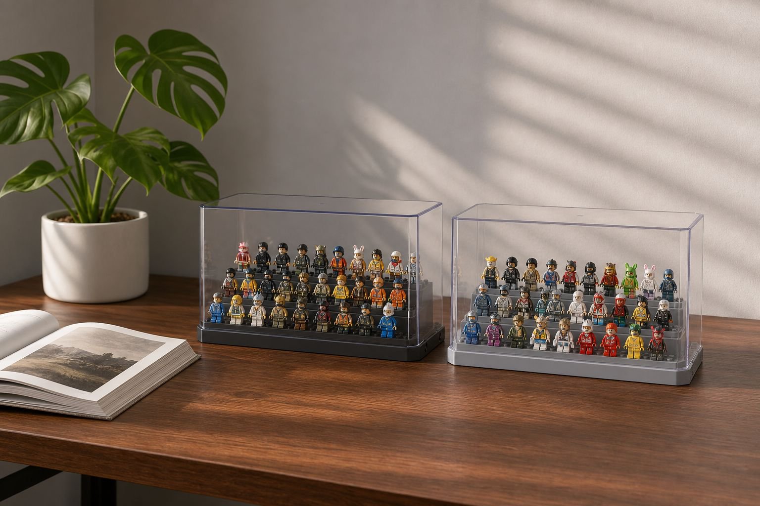 Toy block organizer shelf illuminated by display light