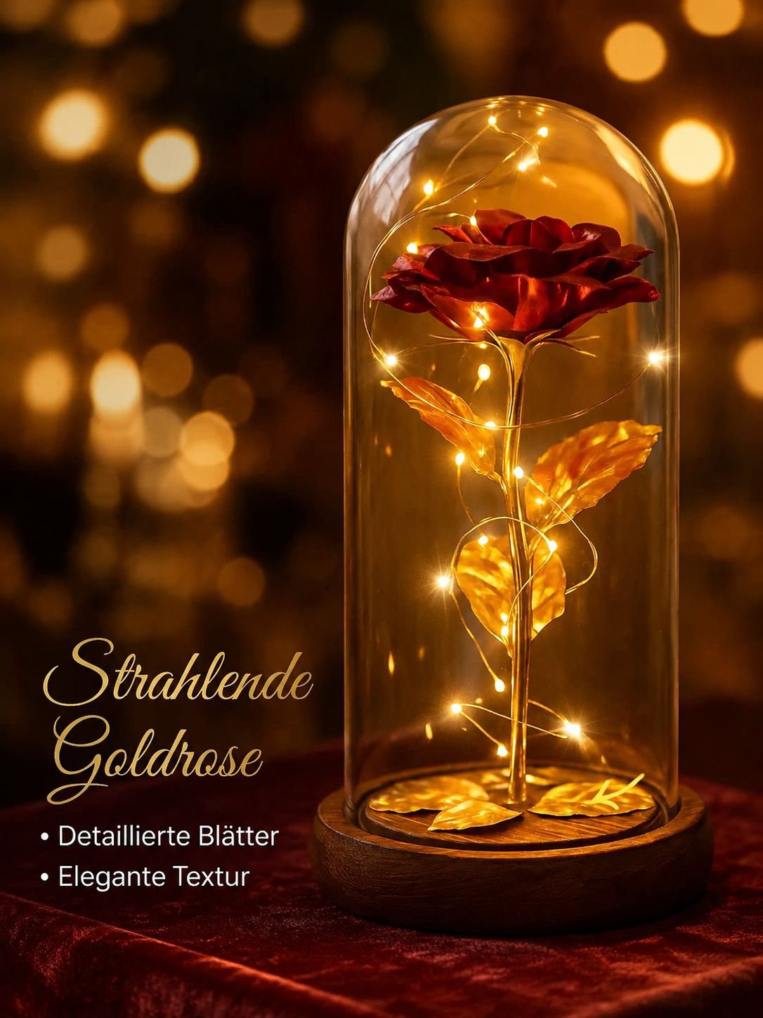 Künstliche Rosenblume unter Glashaube mit Goldfolie, ewige Blume, festliche Dekoration