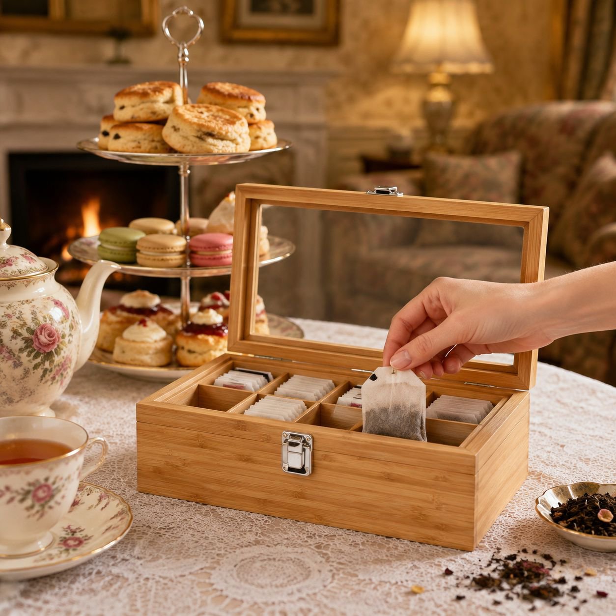Wooden Tea and Coffee Storage Box Desktop Sundries Partition Rack