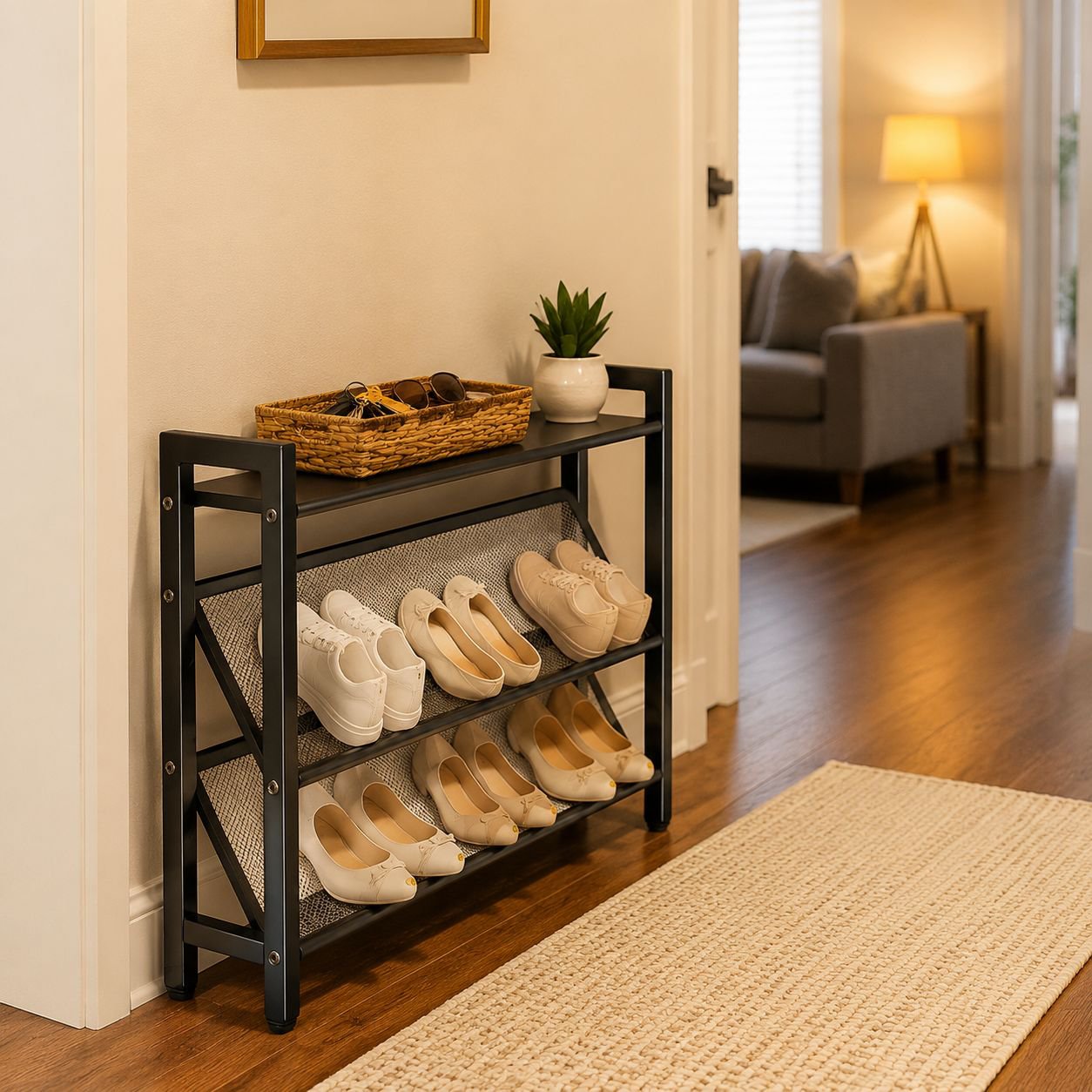 Compact shoe organizer with slanted shelves