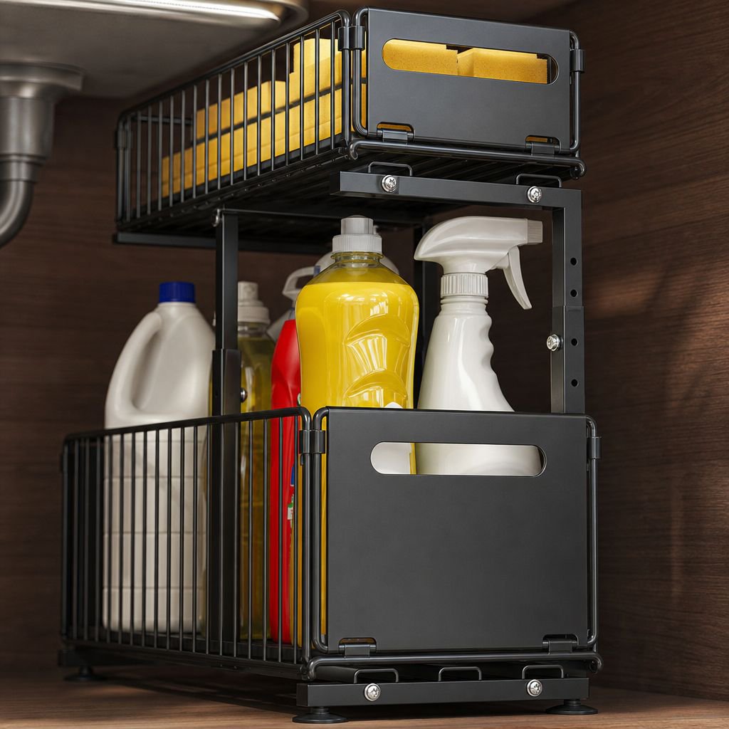 Foldable pull-out basket under the sink in the cabinet to store spice drawers, pull-out cabinet laye
