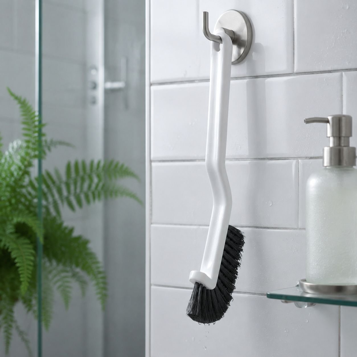 Before and after cleaning bathroom tile with brush