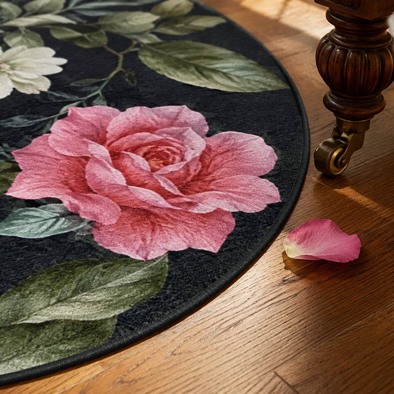 Country Style Floral Rose Round Floor Mat for Balcony, Living Room, and Coffee Table