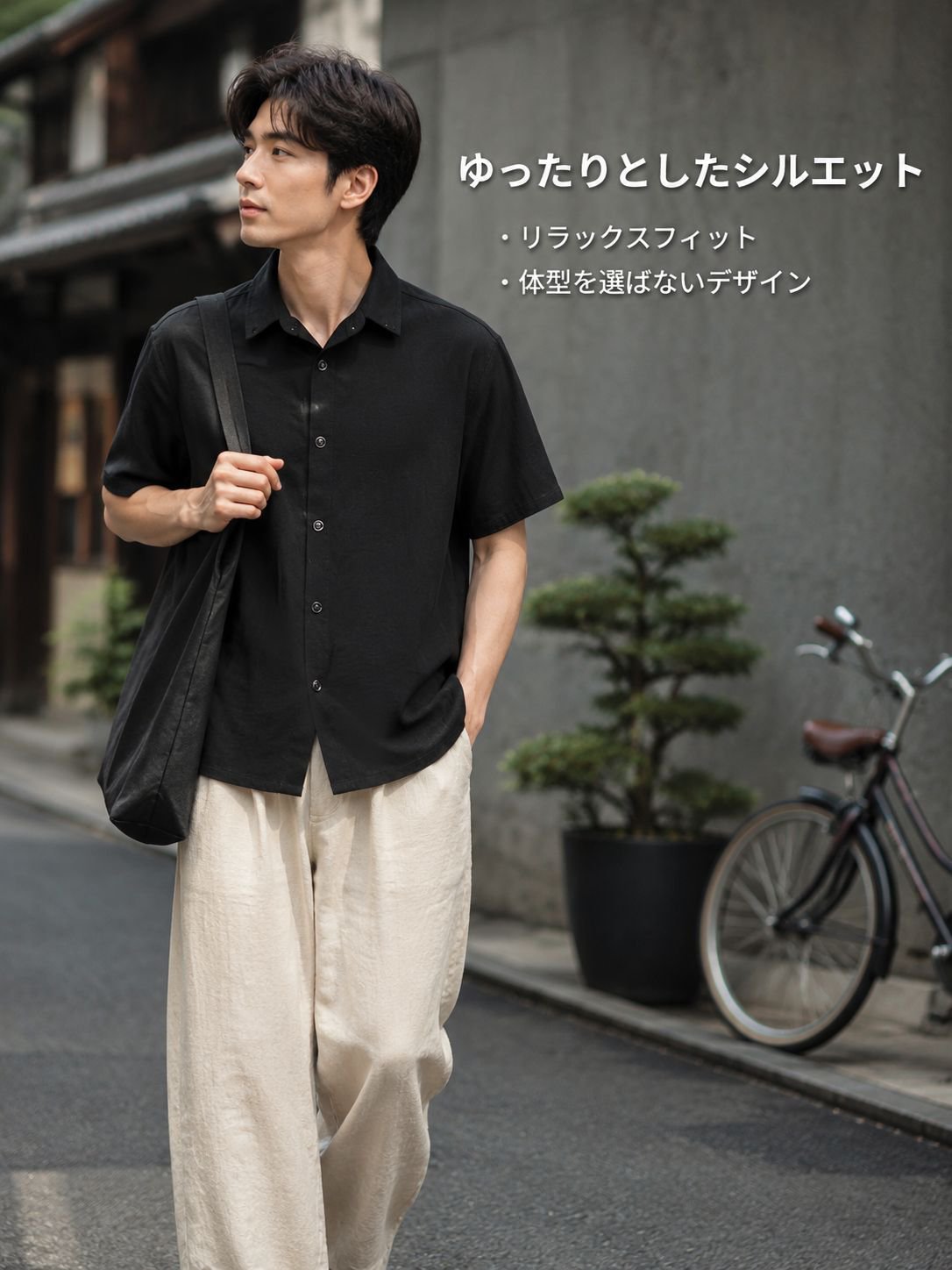高知感アシンメトリーフロント多機能リネン半袖シャツ メンズ 夏 ゆったりカジュアルシャツ
