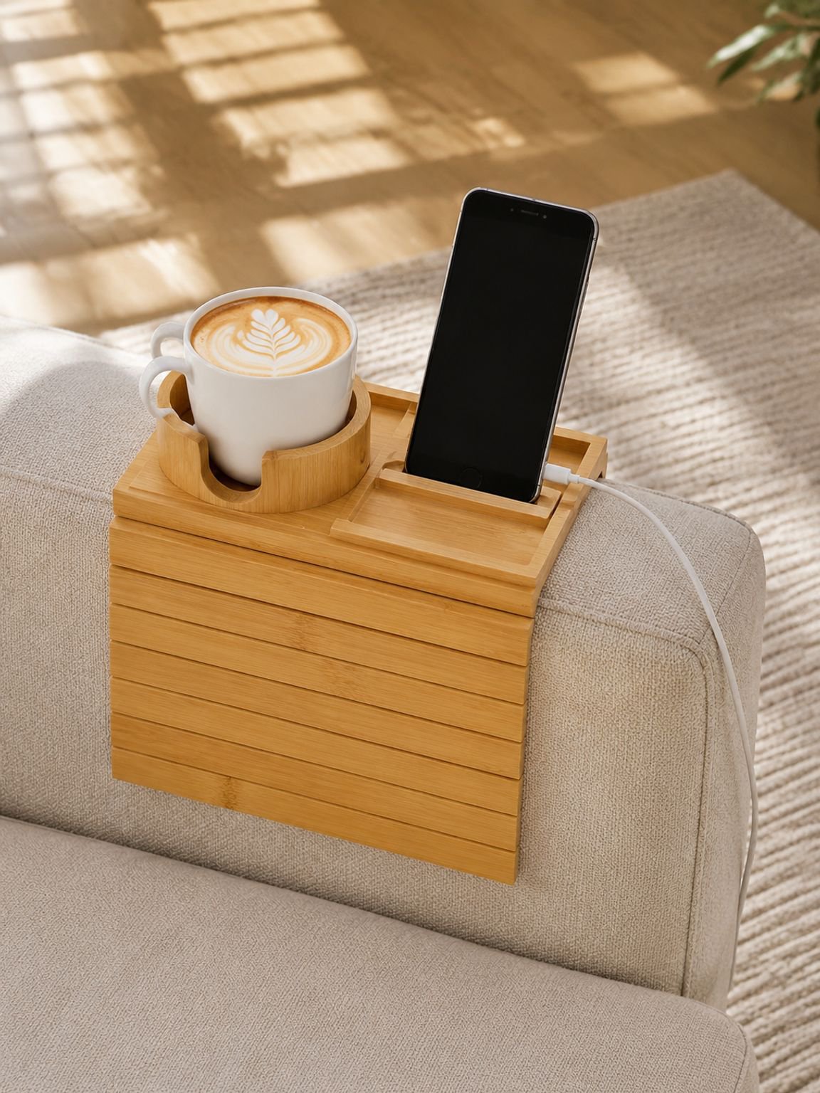 Tablette d'accoudoir canapé magnétique portable avec surface en bois élégante