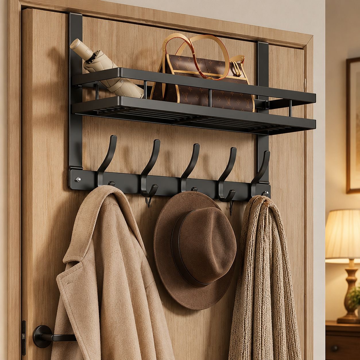Organizer holding bags, hats, and accessories on a door