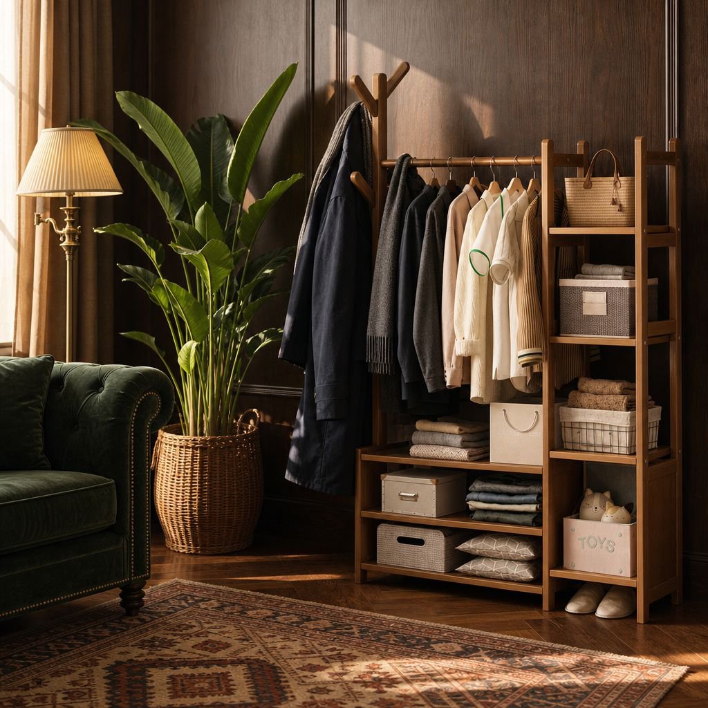Entryway organizer coat rack with drawer and shelf