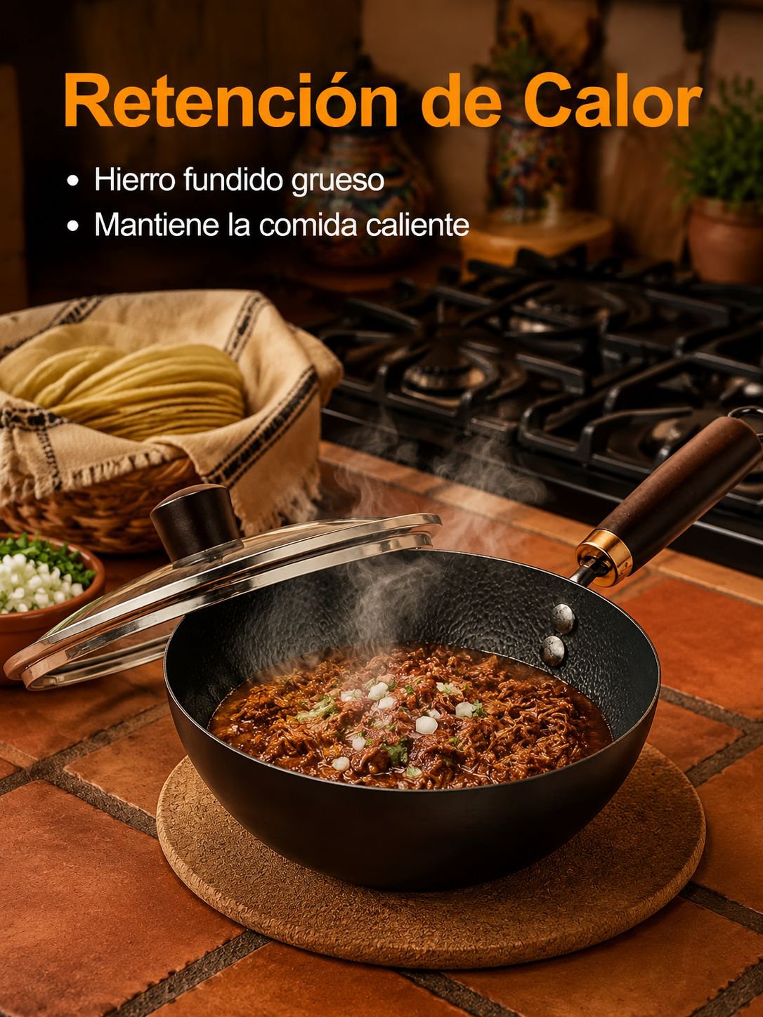 Cacerola de hierro fundido con textura martillada