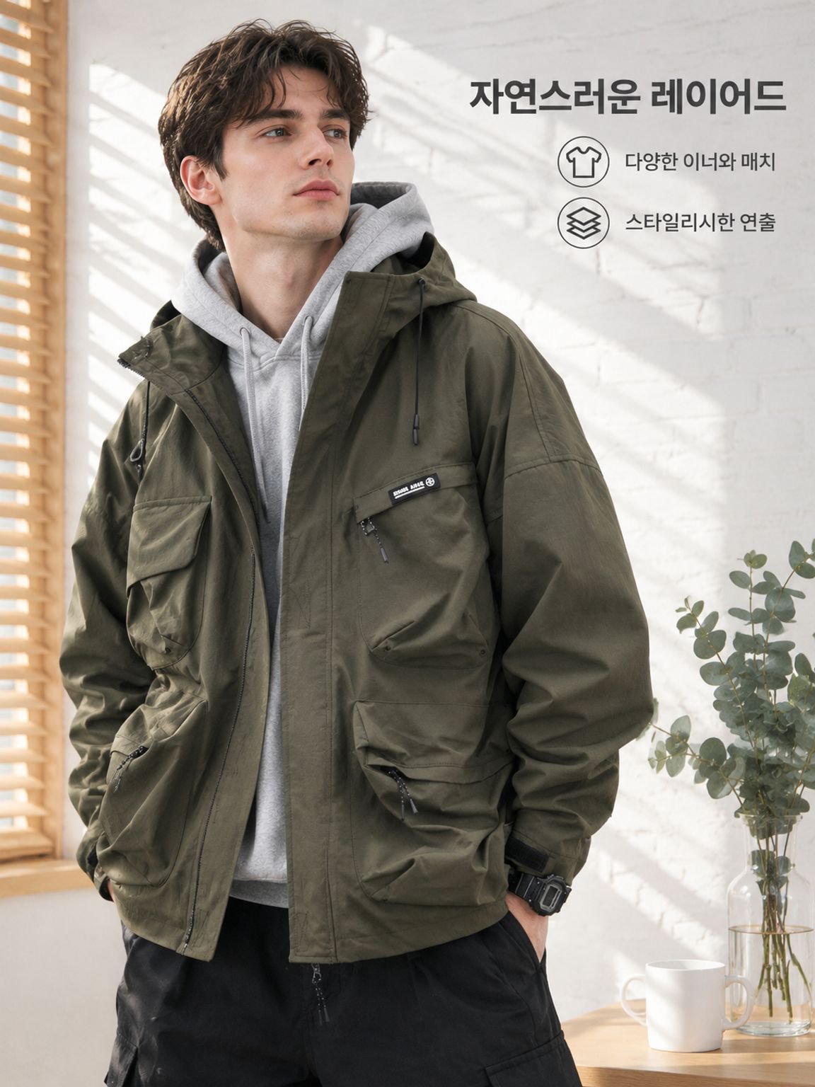 남성용 가을 겨울 오버핏 멀티 포켓 기능성 방풍 아우터