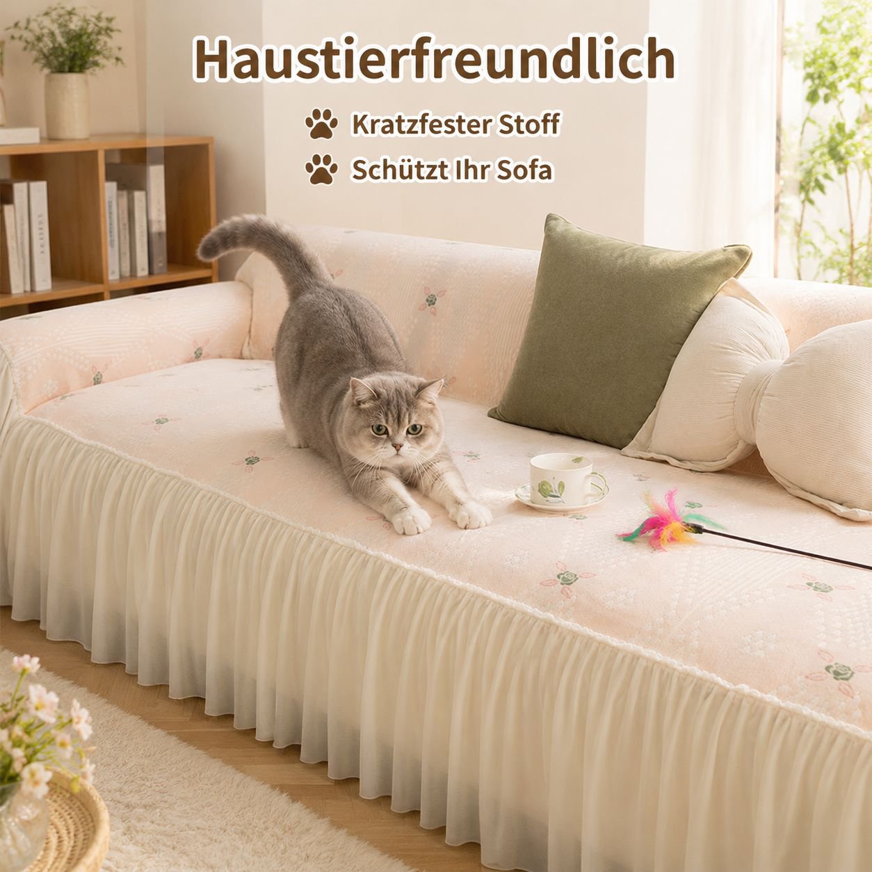 Vollständige Sofahusse mit Spitzenrüschen, Chenille-Stoff im Cream-Stil