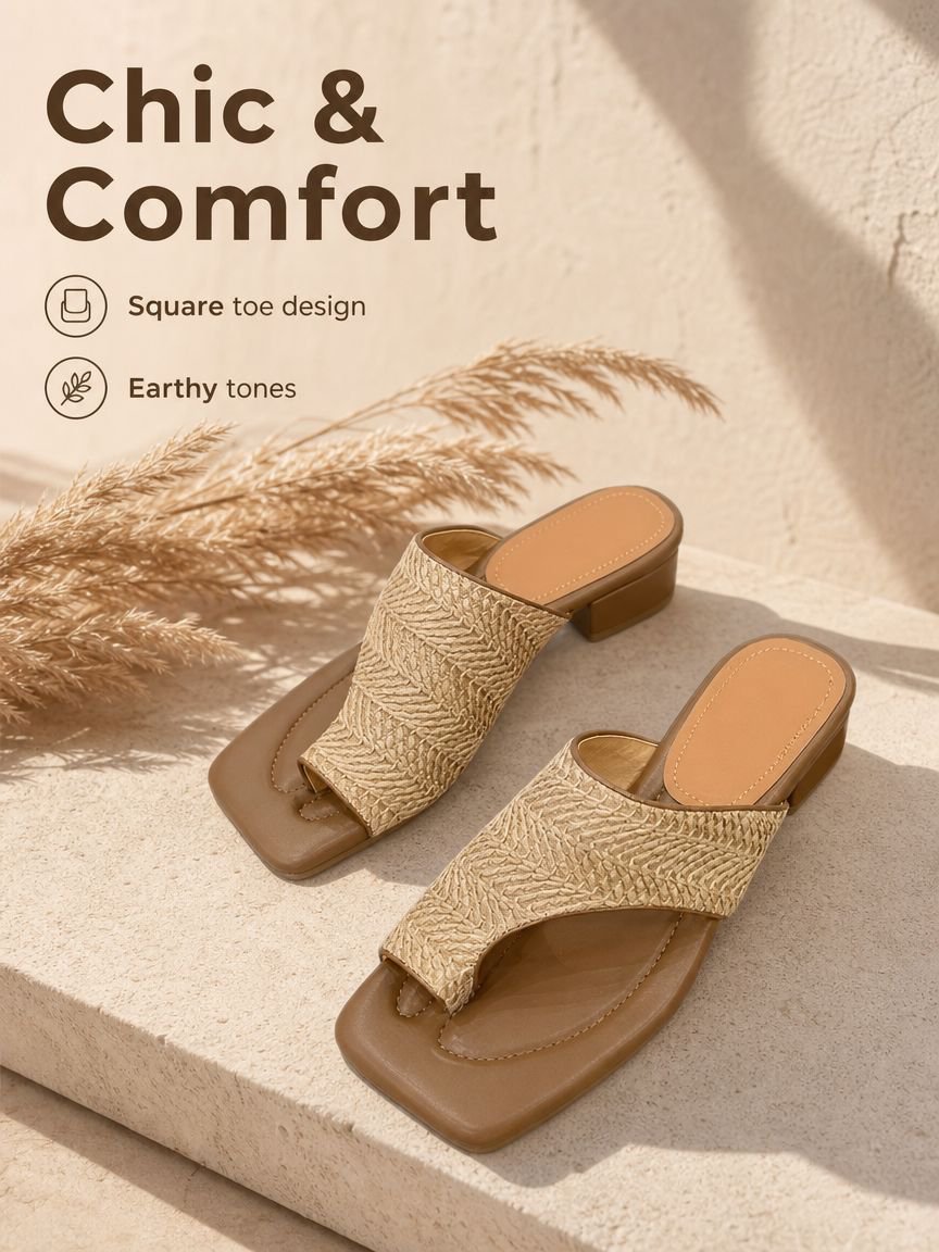 Women's French Woven Chunky Heel Sandals, Summer Versatile Beach Slippers