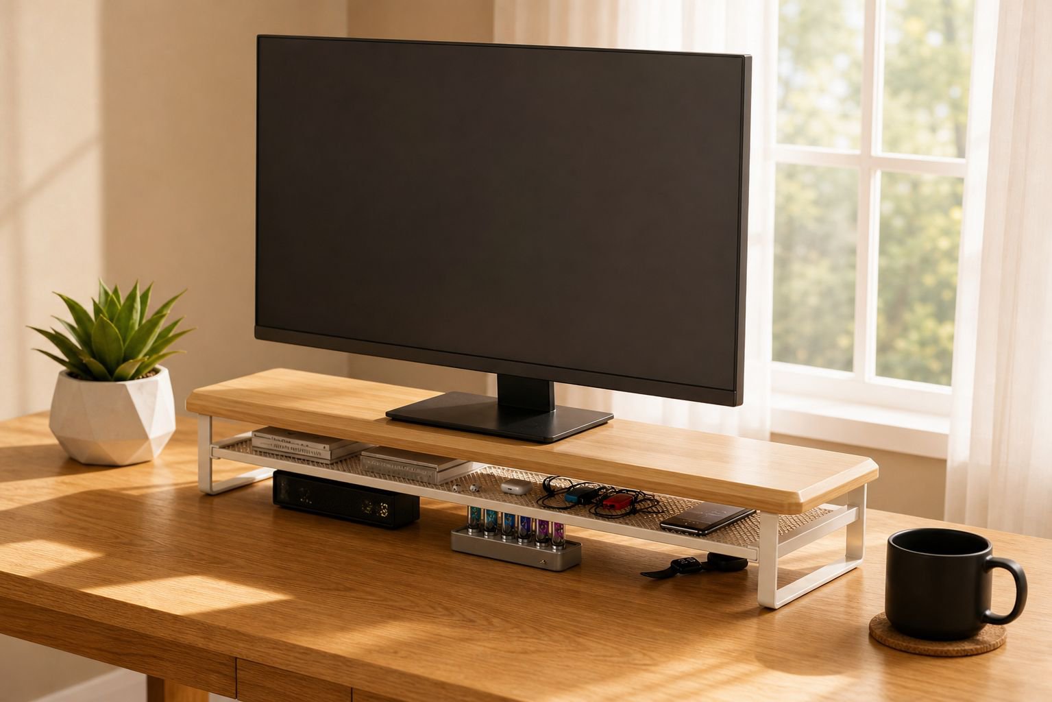 Adjustable Monitor Riser with Drawer, Double Layer Design