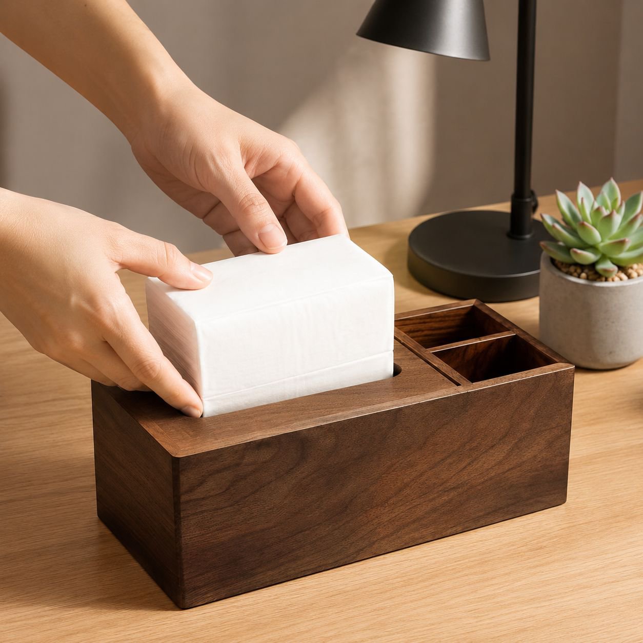 Solid walnut tissue box with minimalist design