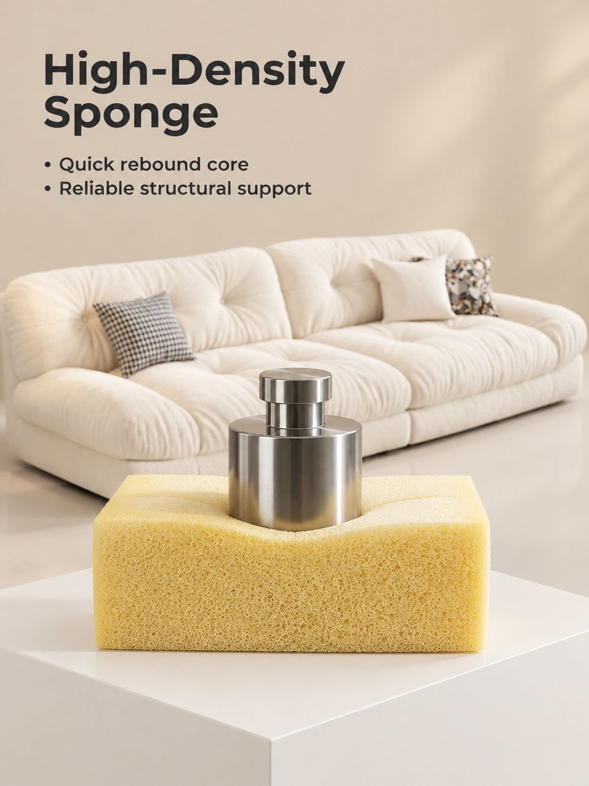 Front view of a neutral cream upholstered sofa