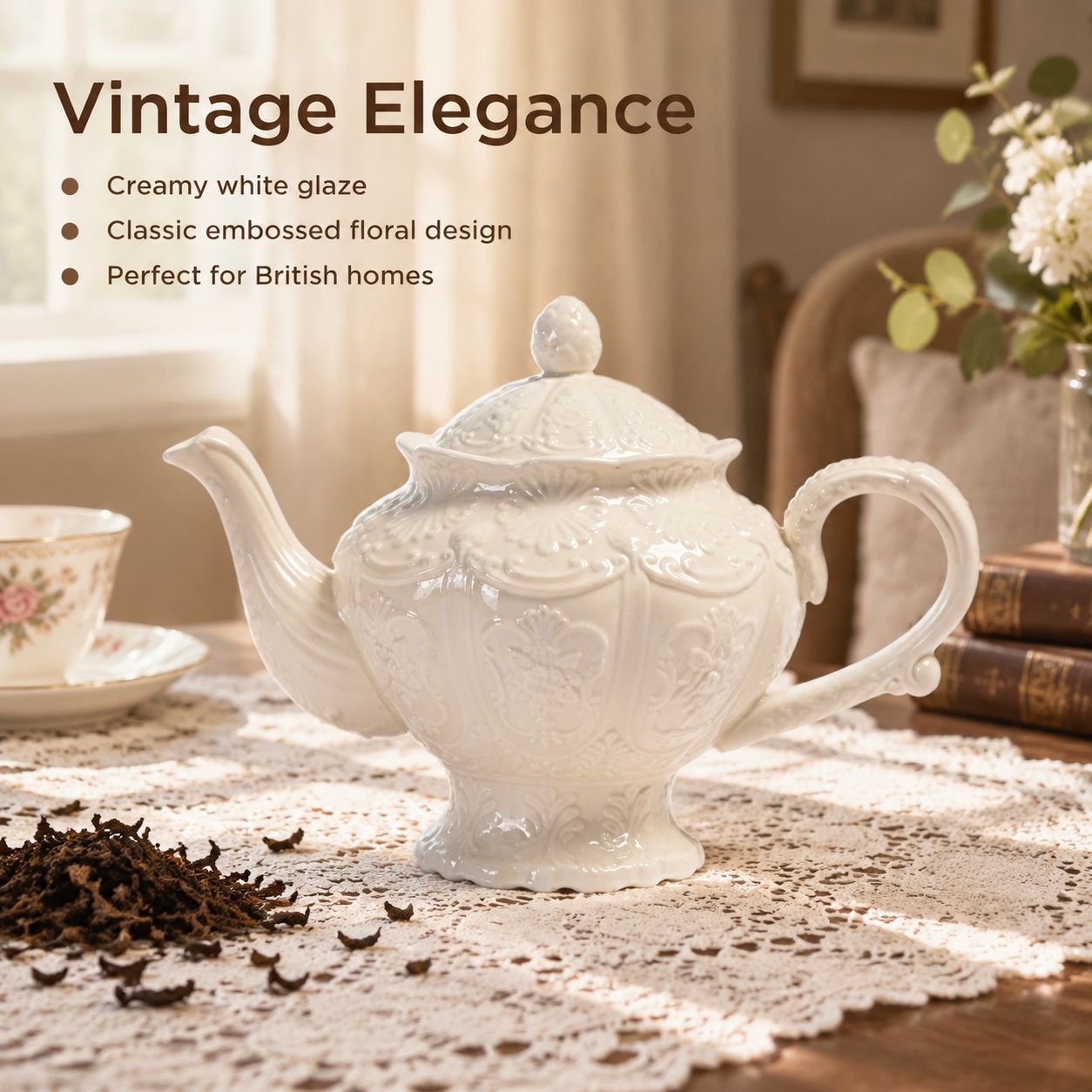 French vintage cream-colored ceramic teapot with raised relief