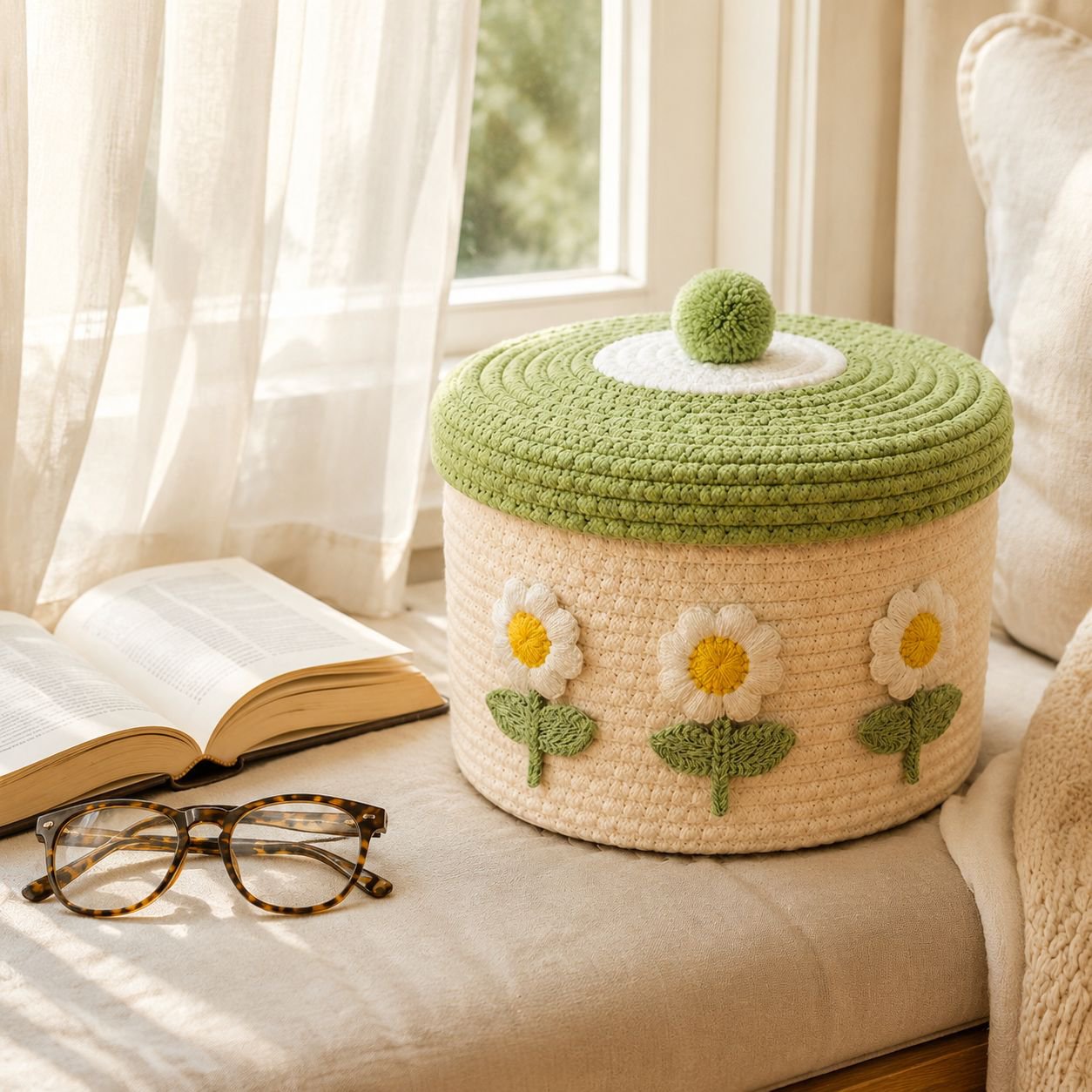 Cotton woven storage basket with lid placed in a living room