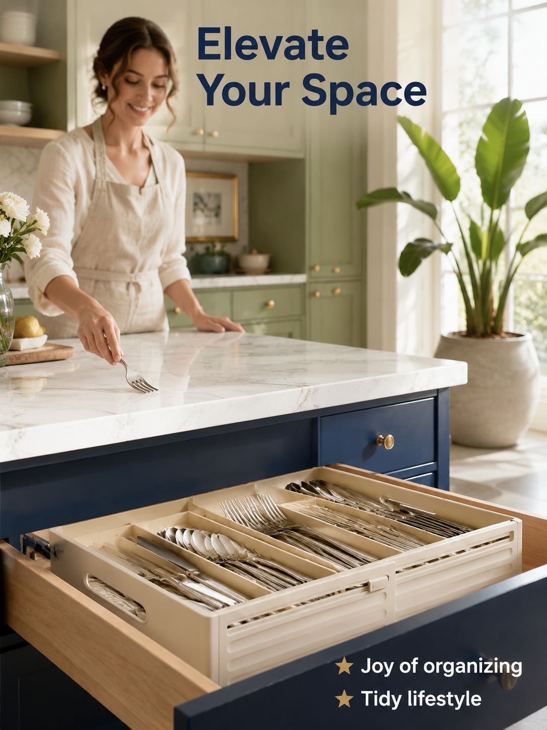 Drawer organizer box holding utensils and cutlery