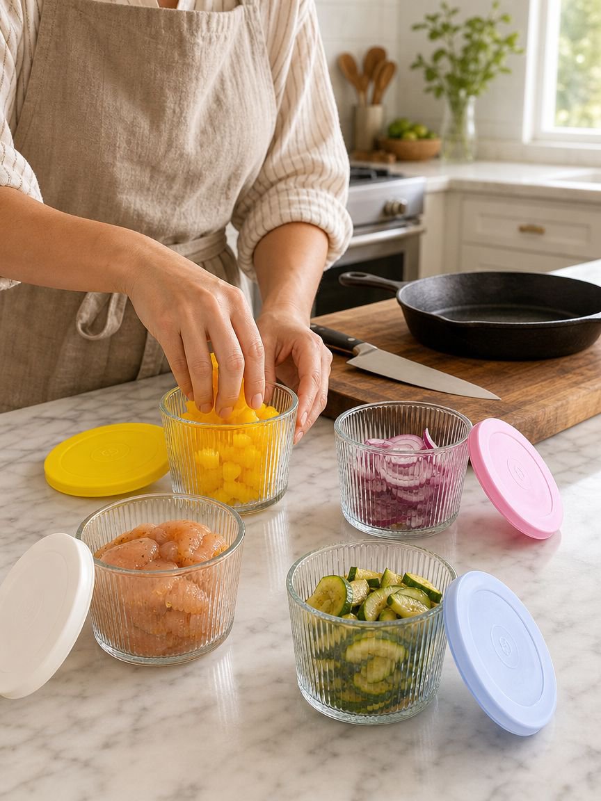 Household food storage solution with glass container