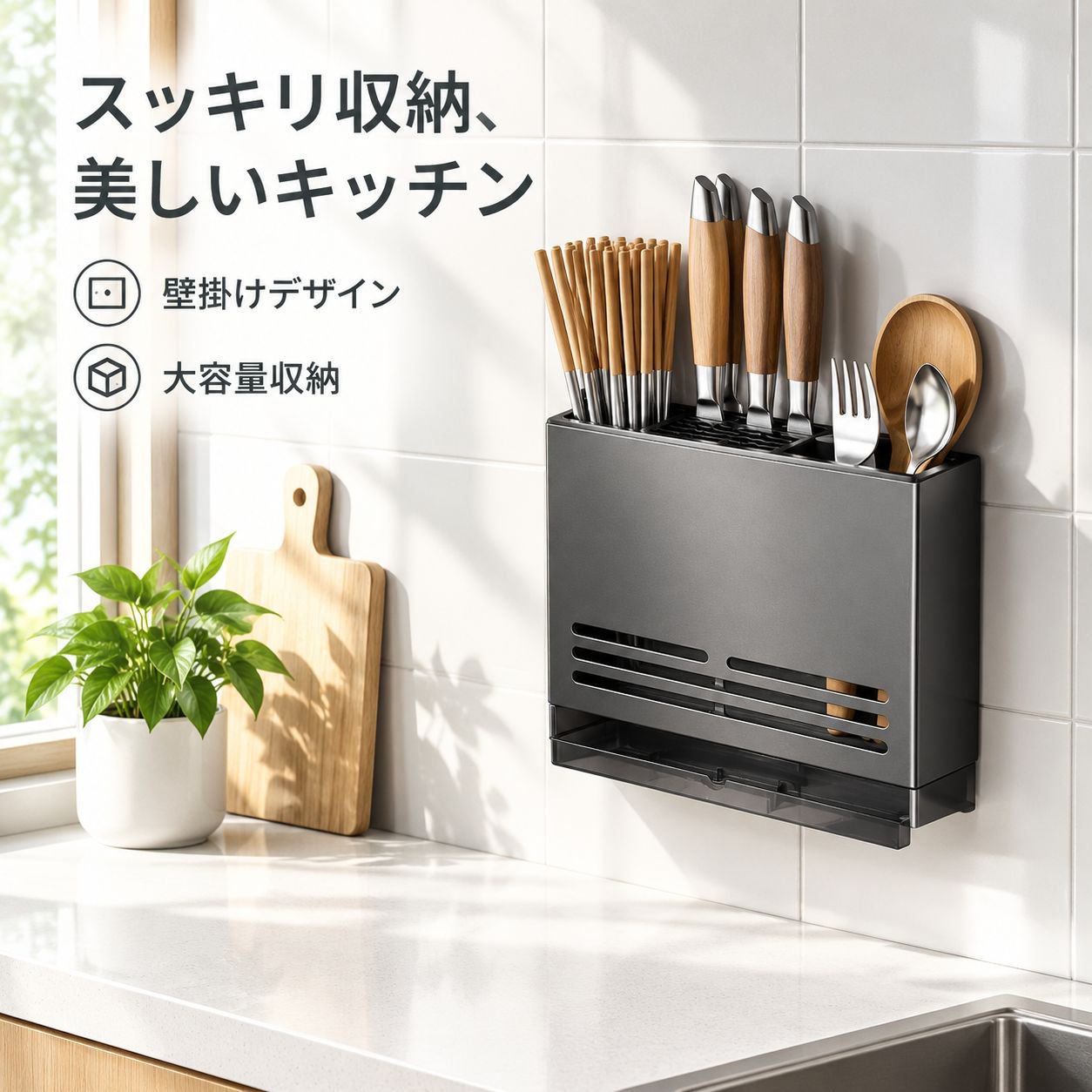 穴あけ不要の壁掛け式包丁・箸ラック