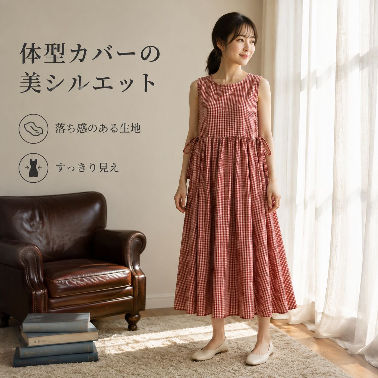 文芸風綿麻チェックワンピース