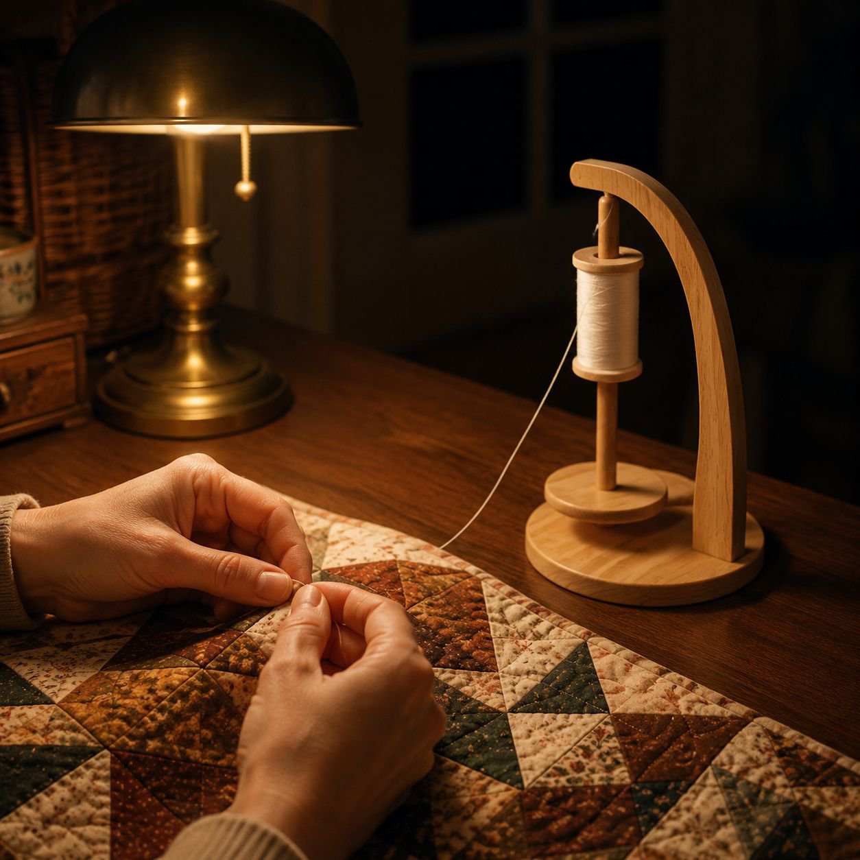 Thread holder with spools and scissors stored in grooves