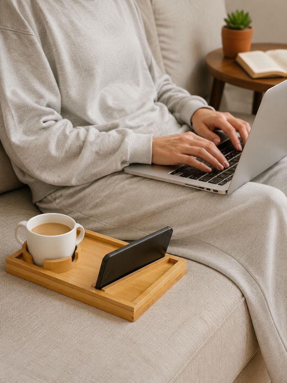 Plateau d’appoint installé sur l’accoudoir d’un pouf