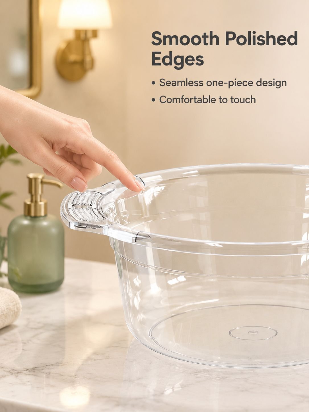 Large clear wash basin with smooth edges and durable construction