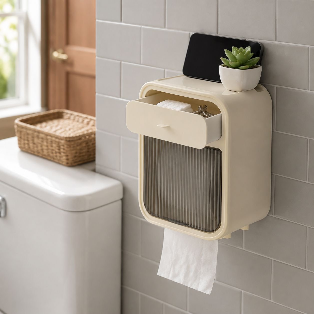 Space-saving wall mounted tissue holder