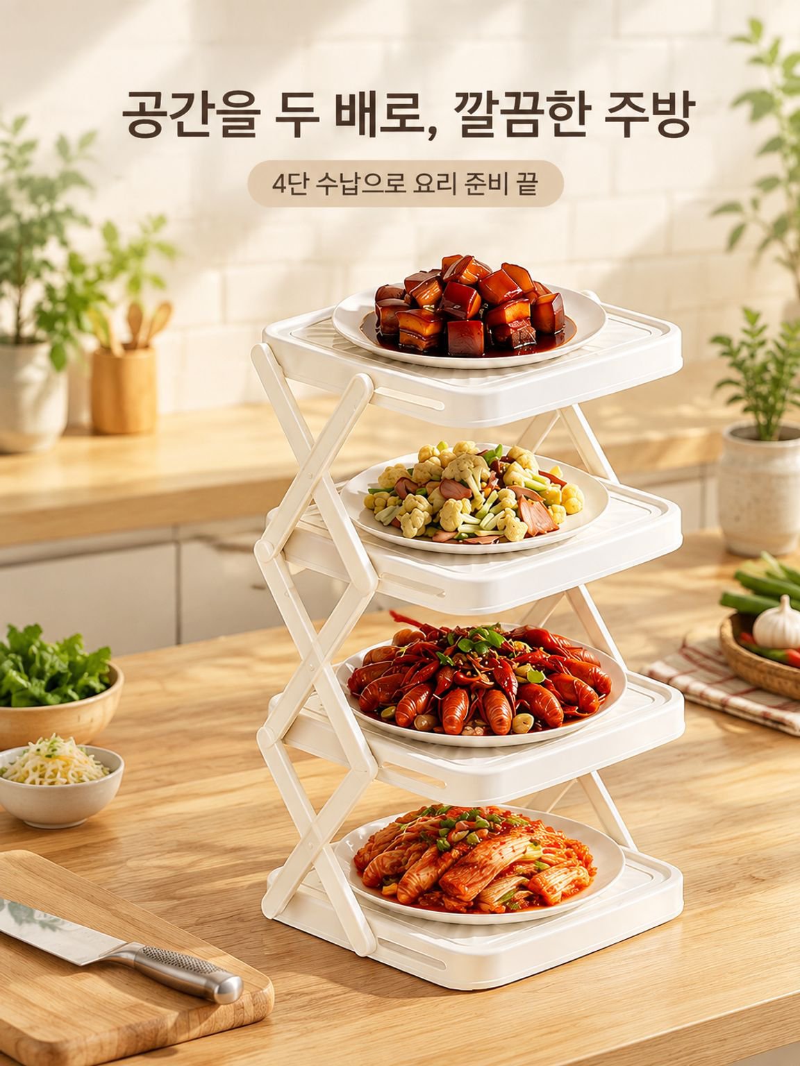 가정용 접이식 다층 조리대 주방 정리 선반 샤브샤브 파티용 휴대식 야채 선반