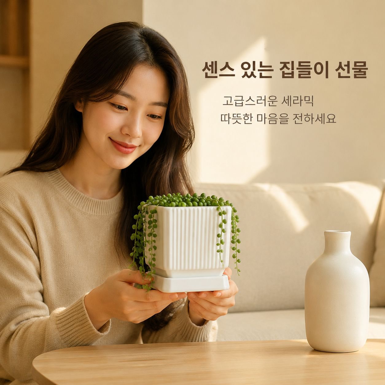 트레이가 포함된 사각형 심플 세라믹 화분