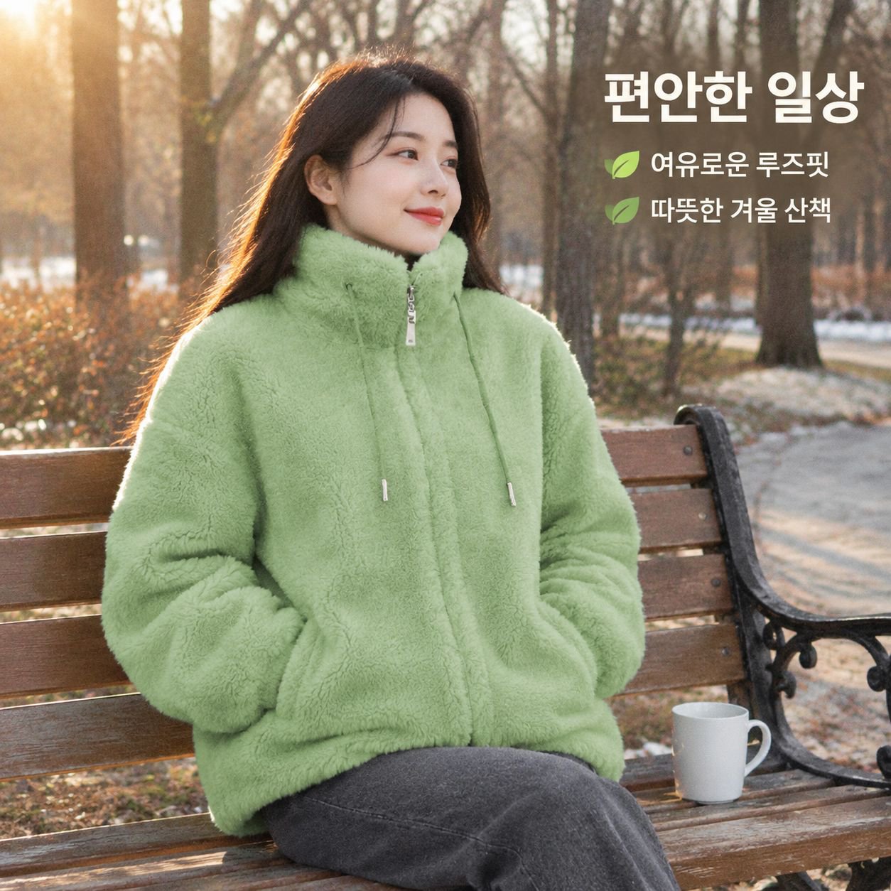 양면 플리스 및 도톰한 안감 적용 여성용 보온 스탠드 칼라 재킷
