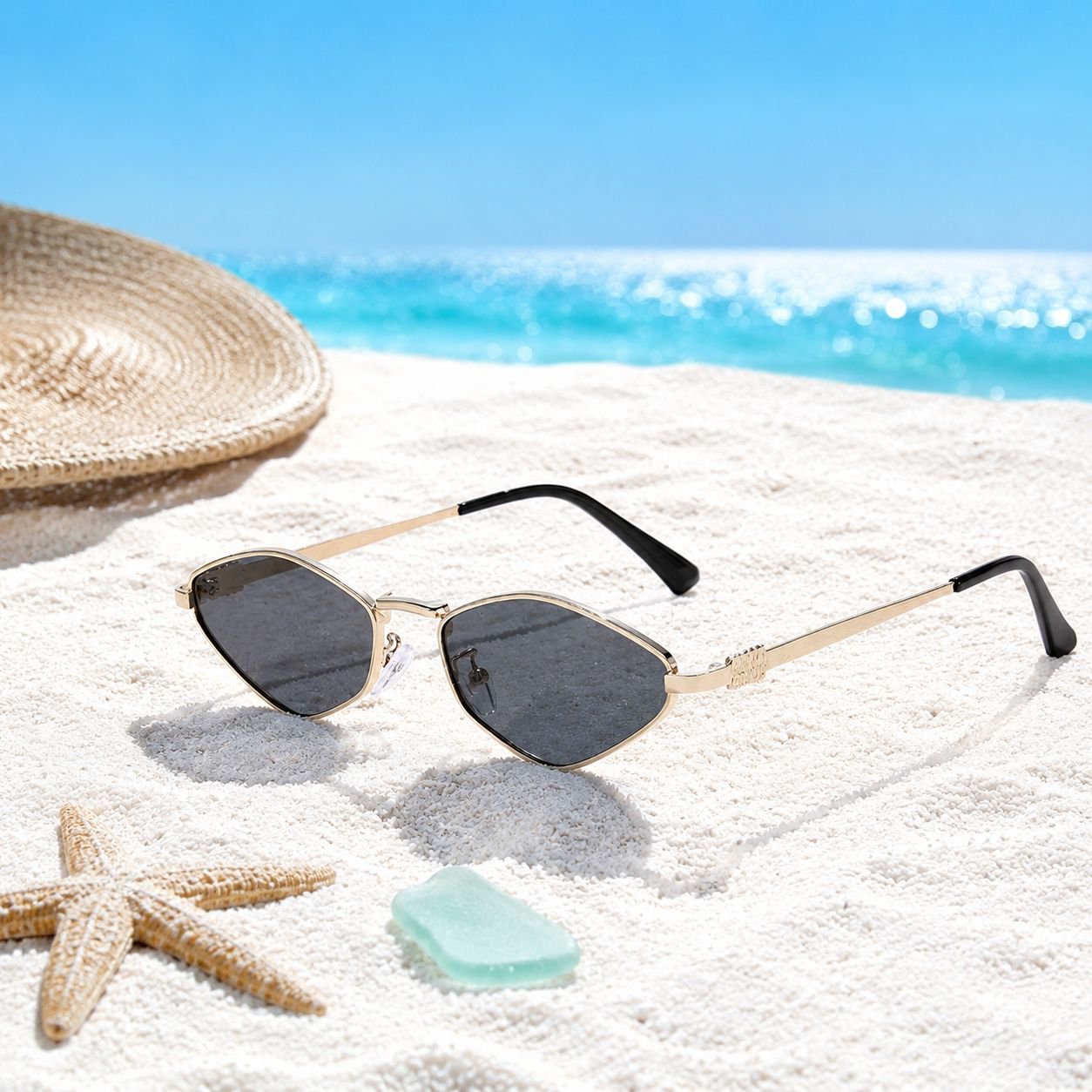 Close-up of geometric metal frame sunglasses with blue ocean-inspired lenses