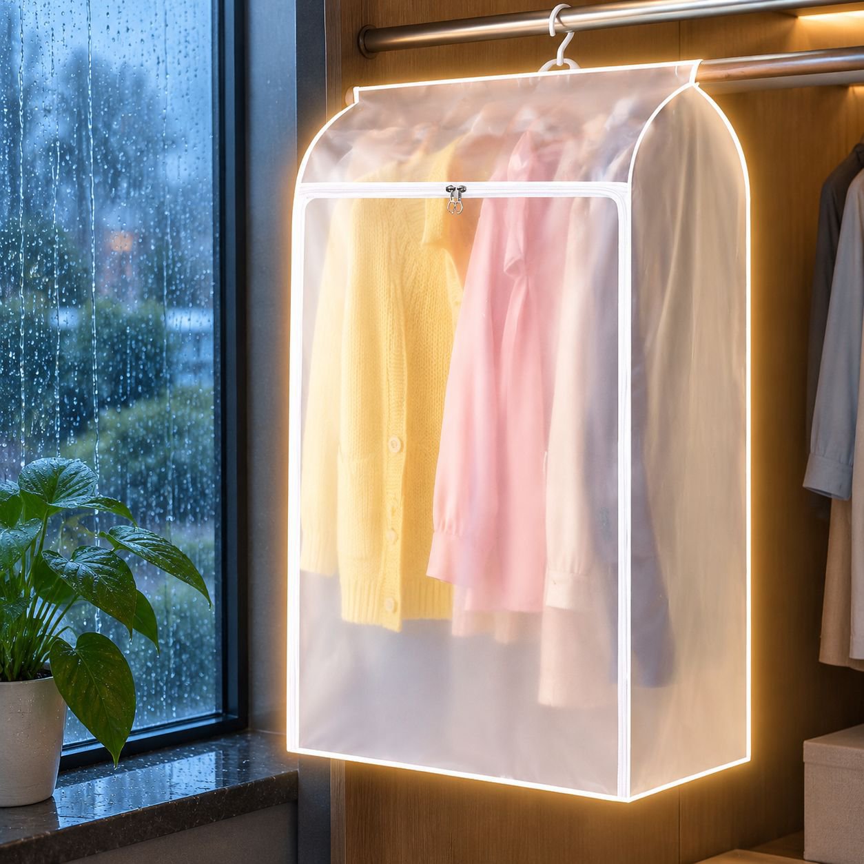 洋服ラックに掛けた衣類防塵カバー