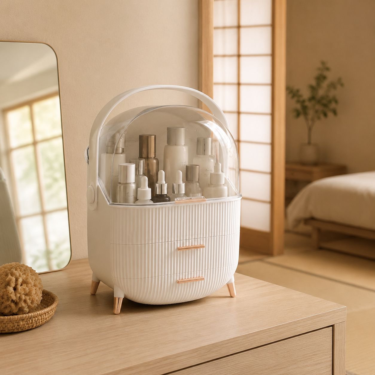 コスメ収納ボックスの防水・防塵蓋のクローズアップ
