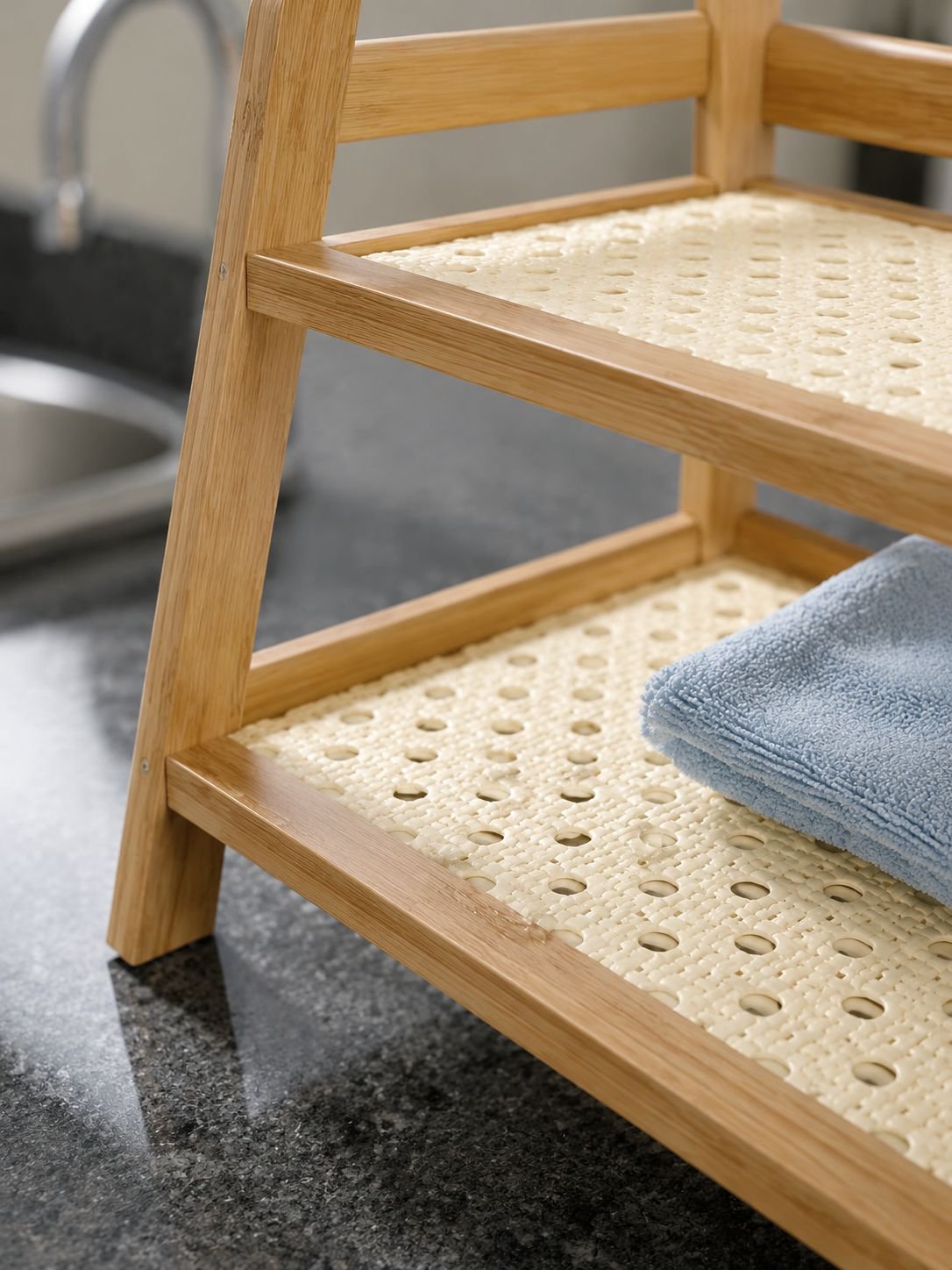 Platzsparendes Regal für Tisch oder Boden aus Kunststoff-Rattan
