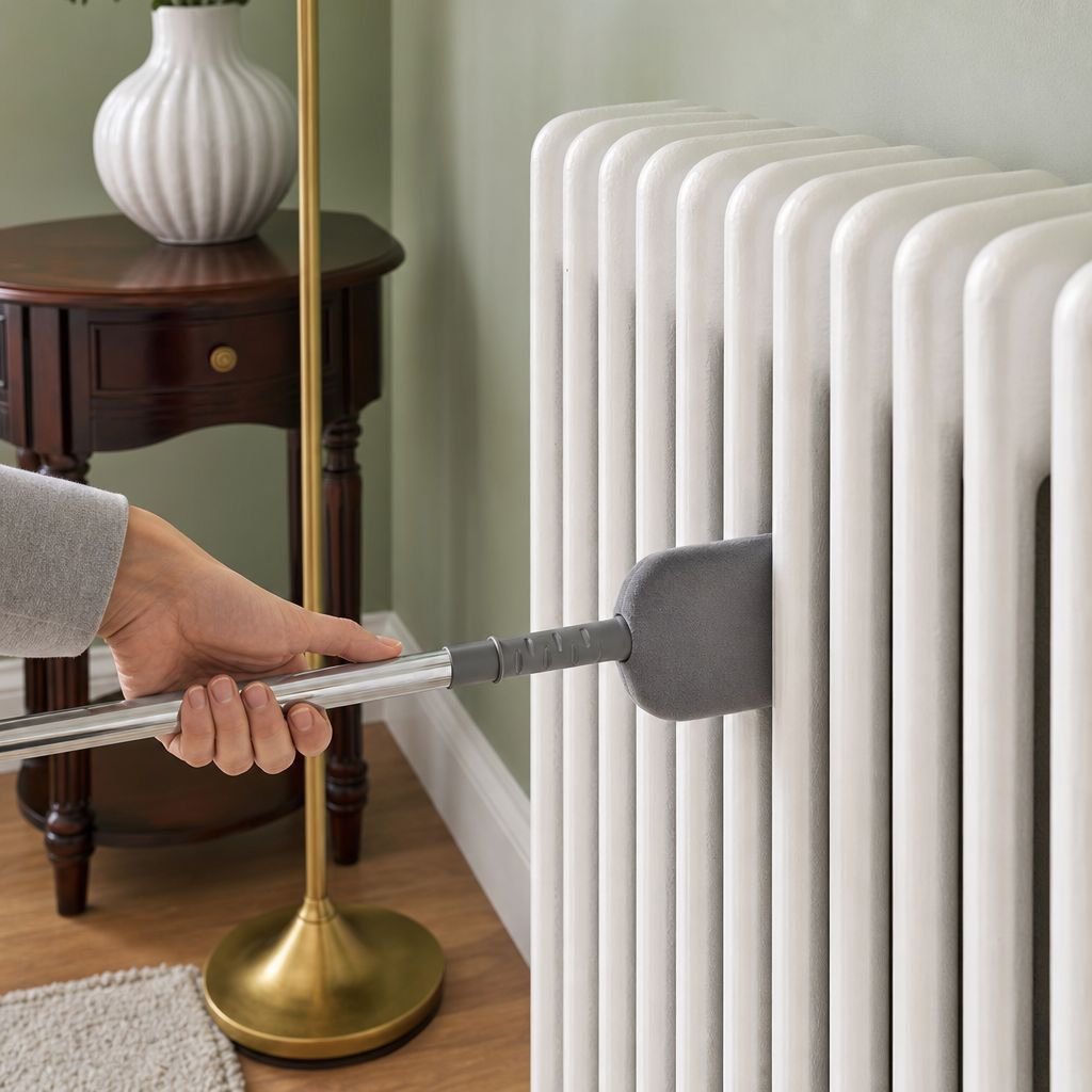 Flexible microfiber duster cleaning narrow furniture gap