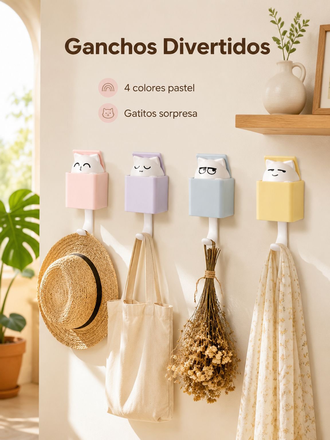 Juego de 4 ganchos retráctiles con diseño de gato