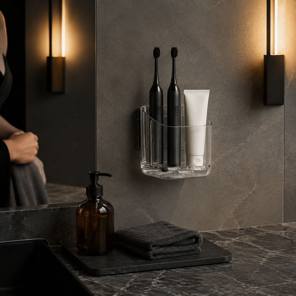 Wall-mounted bathroom storage box holding toiletries